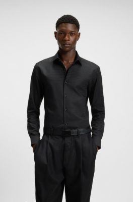 Slim-fit shirt in cotton with logo jacquard, Black