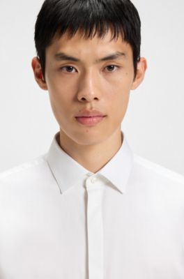 Camicia slim fit in cotone elasticizzato con polsini doppi, Bianco