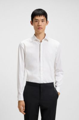 Slim-fit shirt in stretch cotton with double cuffs, White