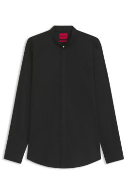 Slim-fit shirt in stretch cotton with stand collar, Black