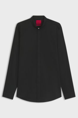 Slim-fit shirt in stretch cotton with stand collar, Black