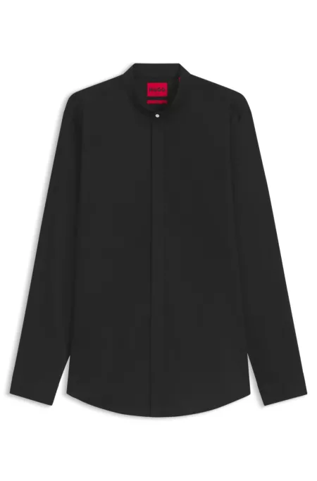 Slim-fit shirt in stretch cotton with stand collar