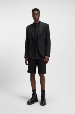 Slim-fit shirt in stretch cotton with stand collar, Black