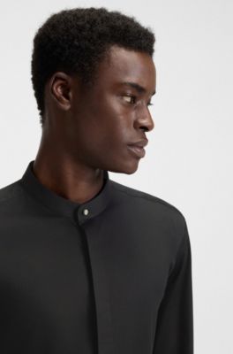 Slim-fit shirt in stretch cotton with stand collar, Black