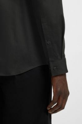 Slim-fit shirt in stretch cotton with stand collar, Black