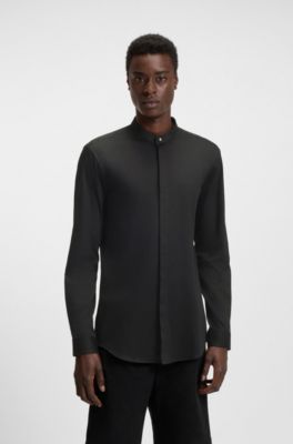 Slim-fit shirt in stretch cotton with stand collar, Black