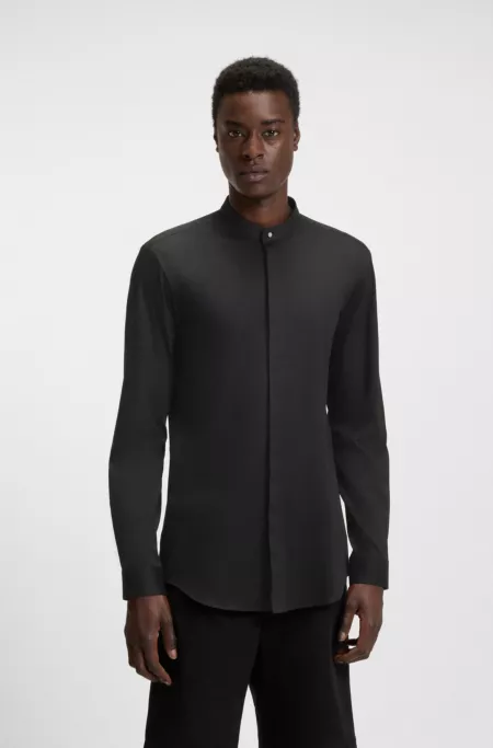 Slim-fit shirt in stretch cotton with stand collar