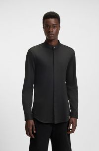 Slim-fit shirt in stretch cotton with stand collar, Black