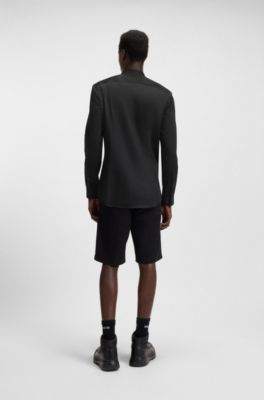 Slim-fit shirt in stretch cotton with stand collar, Black