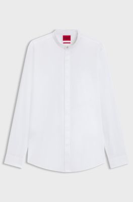 Slim-fit shirt in stretch cotton with stand collar, White