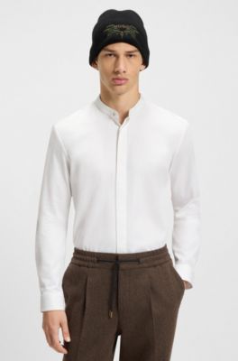 Slim-fit shirt in stretch cotton with stand collar, White