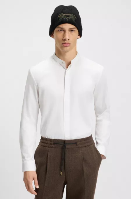 Slim-fit shirt in stretch cotton with stand collar