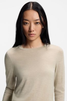 Slim-fit crew-neck sweater in merino wool, Light Beige