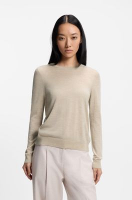 Slim-fit crew-neck sweater in merino wool, Light Beige
