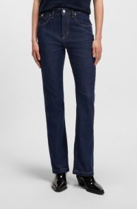Jean Bootcut en denim stretch bleu avec poche ticket, Bleu foncé