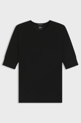 Slim-fit short-sleeved sweater in superfine merino wool, Black