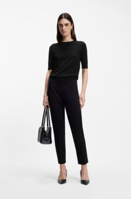 Slim-fit short-sleeved sweater in superfine merino wool, Black