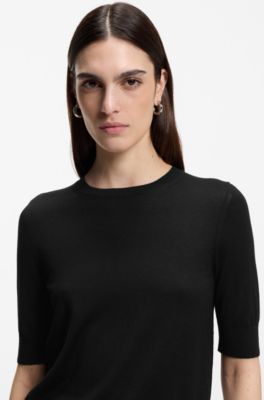 Slim-fit short-sleeved sweater in superfine merino wool, Black