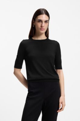 Slim-fit short-sleeved sweater in superfine merino wool, Black
