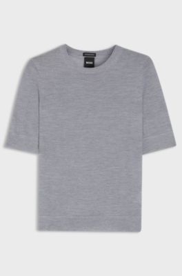 Slim-fit short-sleeved sweater in superfine merino wool, Light Grey