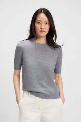 Short-sleeved sweater in merino wool, Light Grey