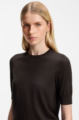 Slim-fit short-sleeved sweater in superfine merino wool, Dark Brown