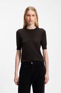 Slim-fit short-sleeved sweater in superfine merino wool, Dark Brown