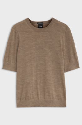 Slim-fit short-sleeved sweater in superfine merino wool, Brown