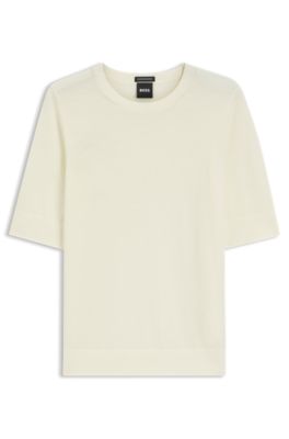 Slim-fit short-sleeved sweater in superfine merino wool, Light Yellow