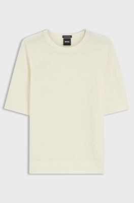 Maglione slim fit a maniche corte in lana merino super fine, Giallo chiaro
