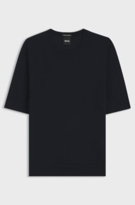 Slim-fit short-sleeved sweater in superfine merino wool, Dark Blue