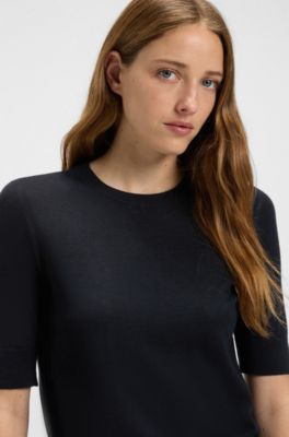 Pull &agrave; manches courtes en laine m&eacute;rinos, Bleu fonc&eacute;