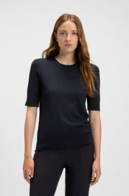 Short-sleeved sweater in merino wool, Dark Blue