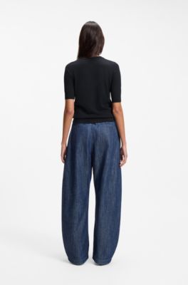 Slim-fit short-sleeved sweater in superfine merino wool, Dark Blue