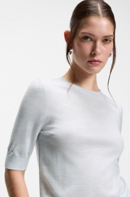 Maglione slim fit a maniche corte in lana merino super fine, Celeste