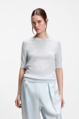Slim-fit short-sleeved sweater in superfine merino wool, Light Blue