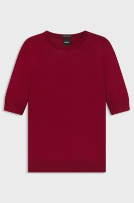 Slim-fit short-sleeved sweater in superfine merino wool, Dark Red