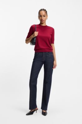 Slim-fit short-sleeved sweater in superfine merino wool, Dark Red