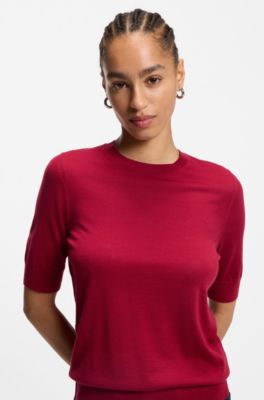 Slim-fit short-sleeved sweater in superfine merino wool, Dark Red