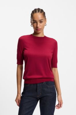 Slim-fit short-sleeved sweater in superfine merino wool, Dark Red