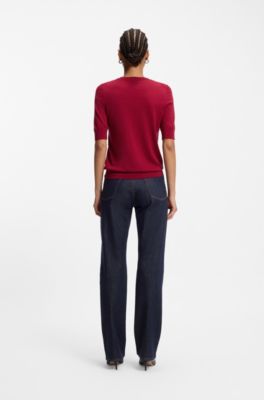 Slim-fit short-sleeved sweater in superfine merino wool, Dark Red