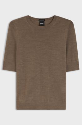Slim-fit short-sleeved sweater in superfine merino wool, Brown