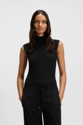 Sleeveless top in merino wool with mock neckline, Black