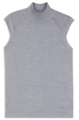 Sleeveless top in merino wool with mock neckline, Light Grey