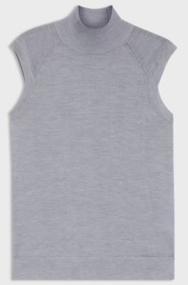 Sleeveless top in merino wool with mock neckline, Light Grey