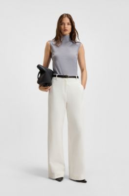 Sleeveless top in merino wool with mock neckline, Light Grey