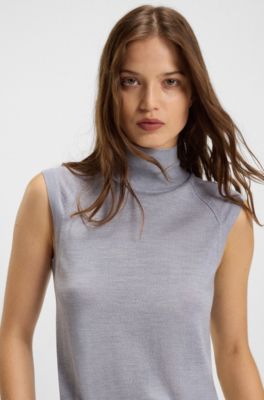 Sleeveless top in merino wool with mock neckline, Light Grey