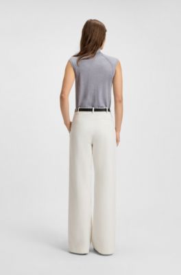 Sleeveless top in merino wool with mock neckline, Light Grey