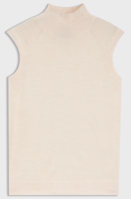 Sleeveless top in merino wool with mock neckline, Natural