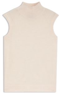 Sleeveless top in merino wool with mock neckline, Natural